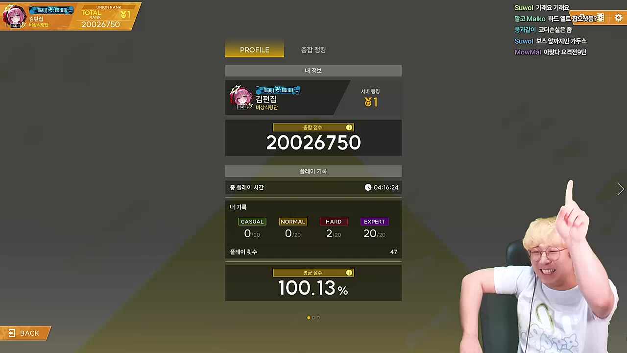 니케 리듬게임 1일차 한섭 1위 달성 (20,026,750점)